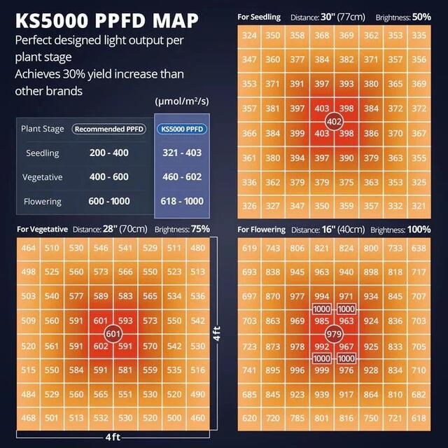 Mapa de intensidad (PPFD) del KS-5000 sobre 1,2 × 1,2 m: en floración, a 40 cm, entre 620 y 1000 µmol/m²/s en toda la superficie, sin rincones flojos.